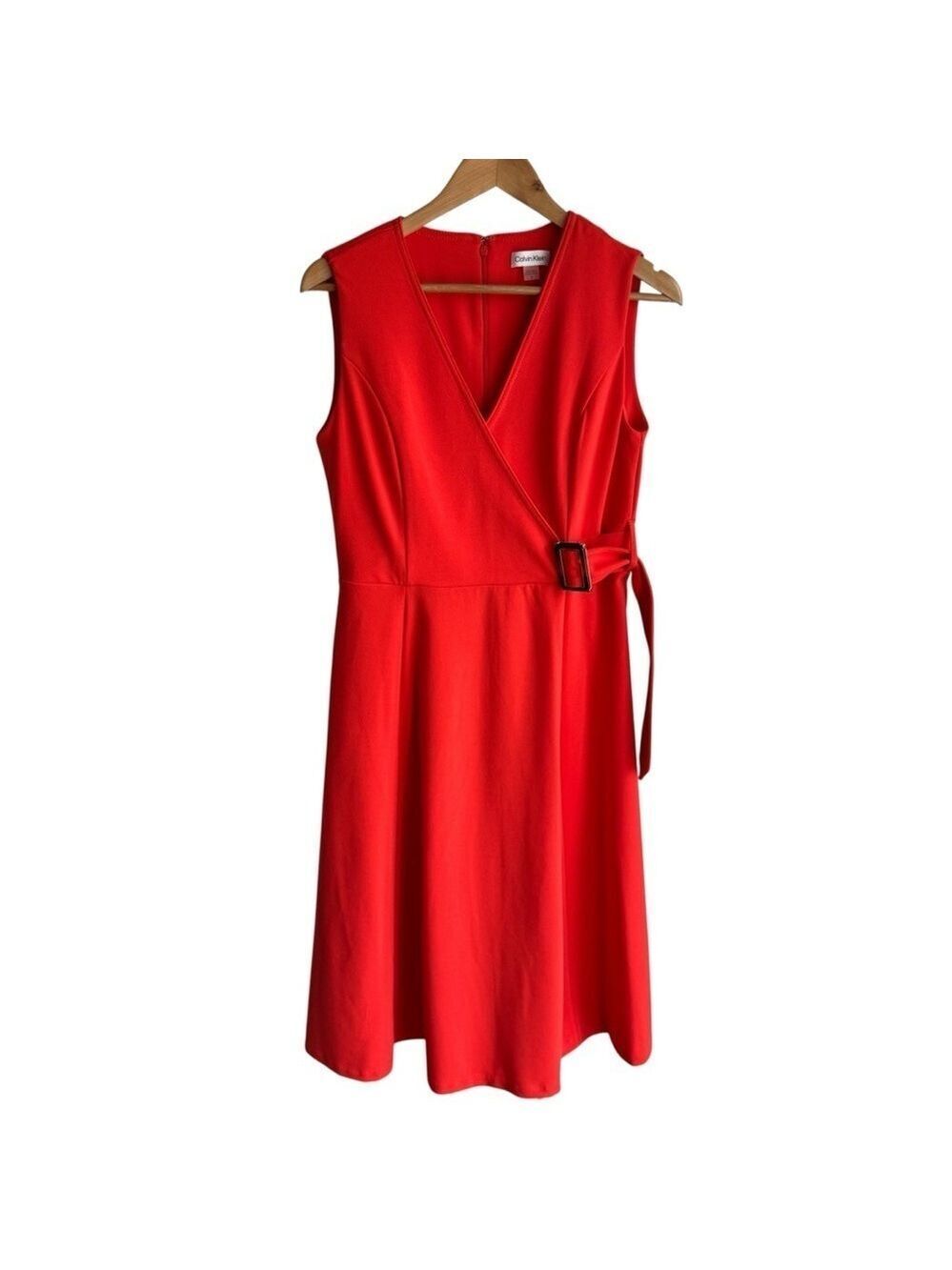 Calvin Klein Faux Wrap Dress Sz 12 Orange Fit & Flare Belted Sleeveless EUC